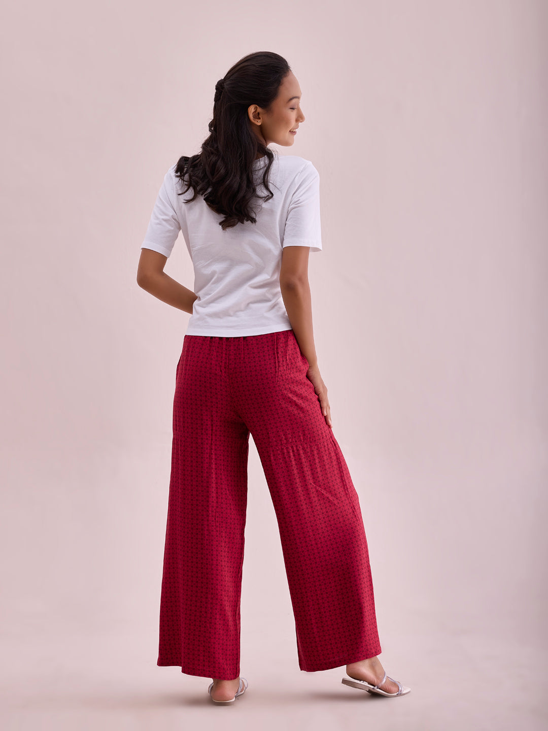 Women Red Viscose Mid Rise Printed Palazzo