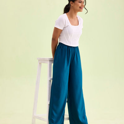 Women Turquoise Blue Solid Viscose Knit Mid Rise Palazzos