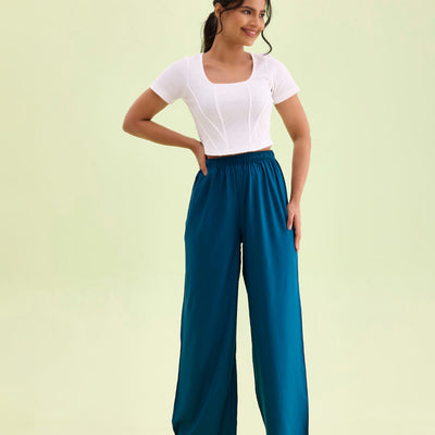 Women Turquoise Blue Solid Viscose Knit Mid Rise Palazzos