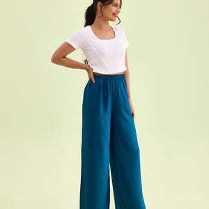 Women Turquoise Blue Solid Viscose Knit Mid Rise Palazzos