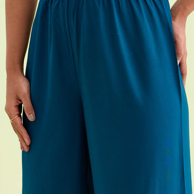 Women Turquoise Blue Solid Viscose Knit Mid Rise Palazzos
