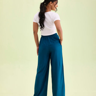 Women Turquoise Blue Solid Viscose Knit Mid Rise Palazzos
