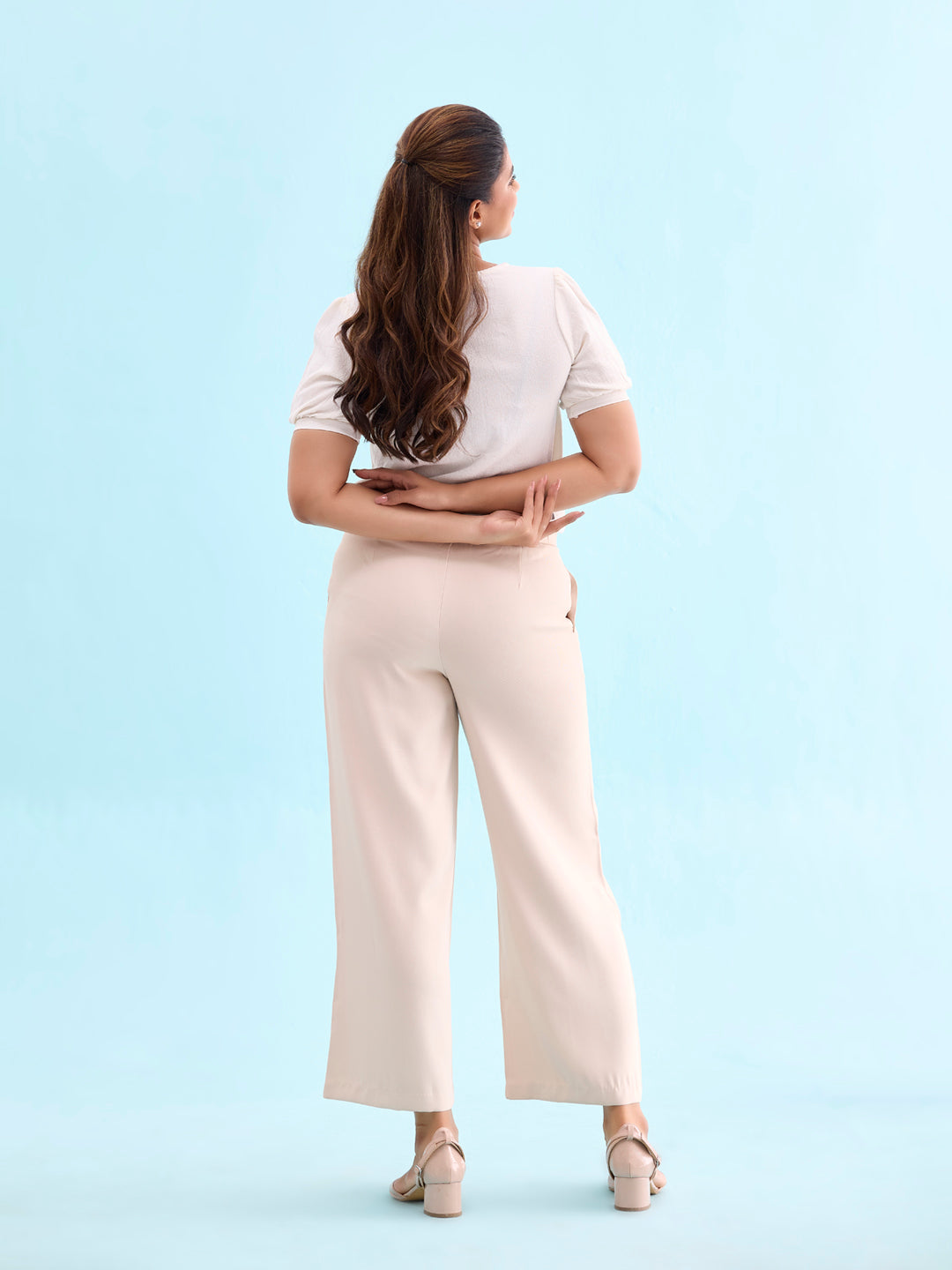Women Solid Beiges High Rise Crepe Wide Pant