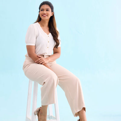 Women Solid Beiges High Rise Crepe Wide Pant