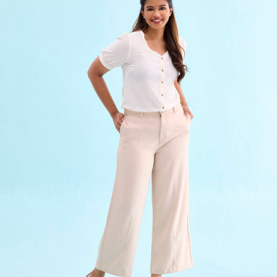 Women Solid Beiges High Rise Crepe Wide Pant