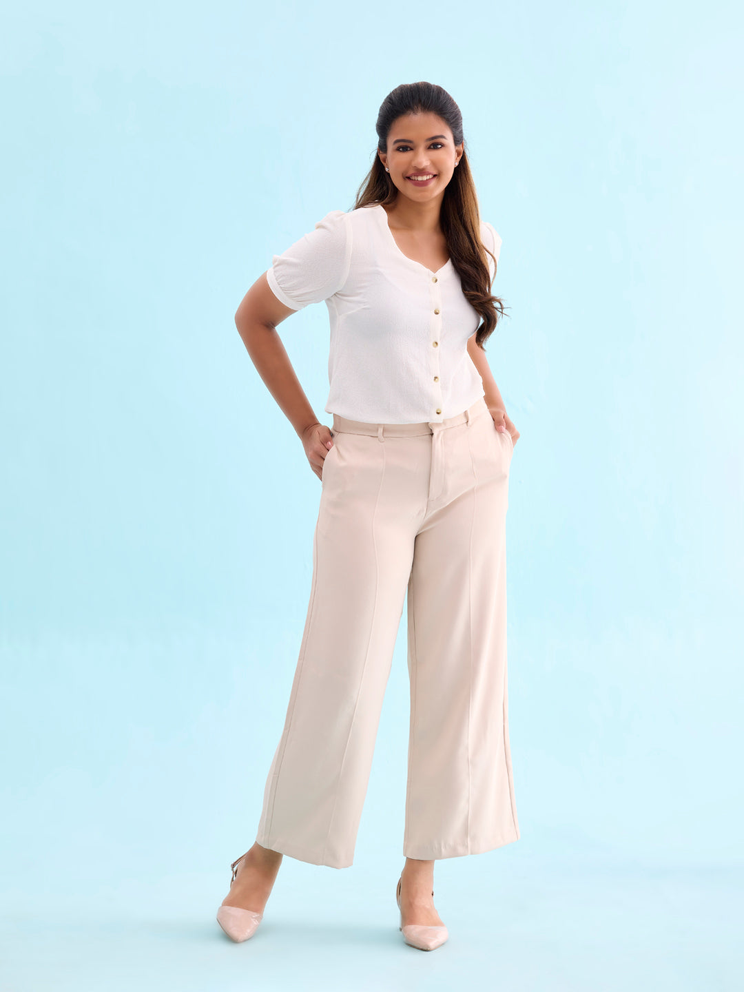 Women Solid Beiges High Rise Crepe Wide Pant