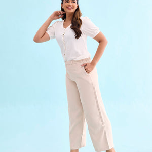 Women Solid Beiges High Rise Crepe Wide Pant