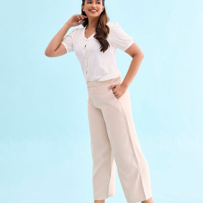 Women Solid Beiges High Rise Crepe Wide Pant