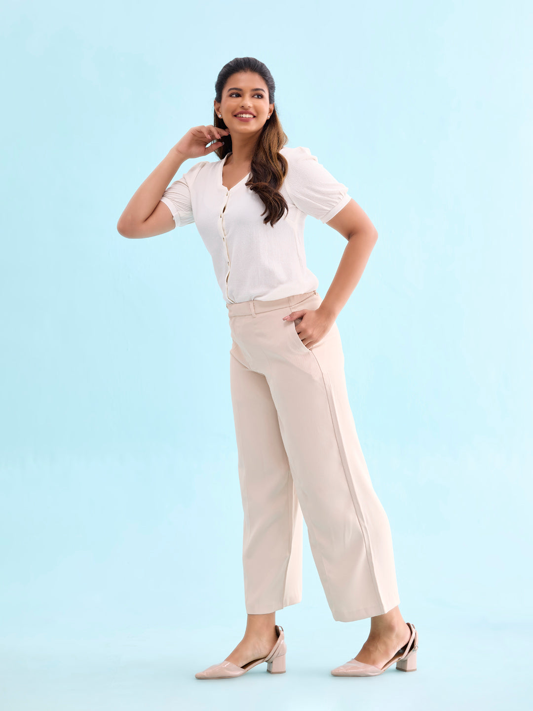 Women Solid Beiges High Rise Crepe Wide Pant