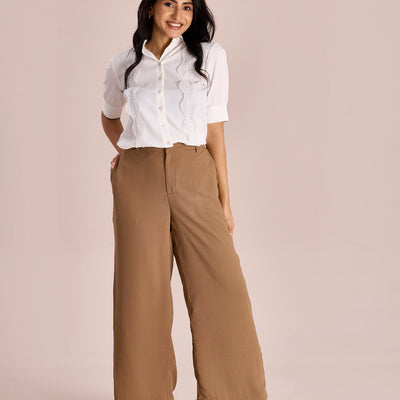 Women Solid Beige High Rise Crepe Wide Pant