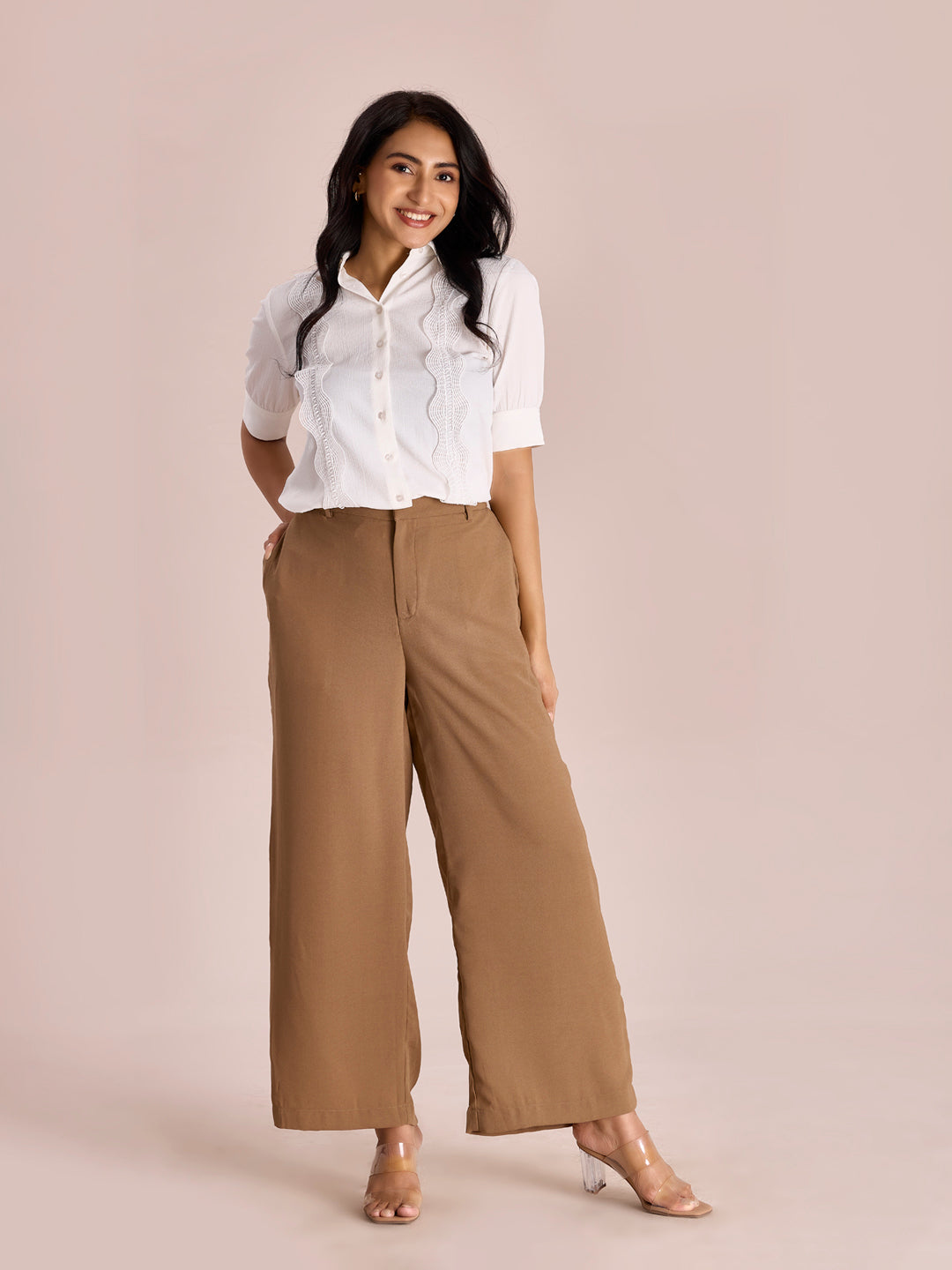 Women Solid Beige High Rise Crepe Wide Pant
