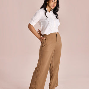 Women Solid Beige High Rise Crepe Wide Pant