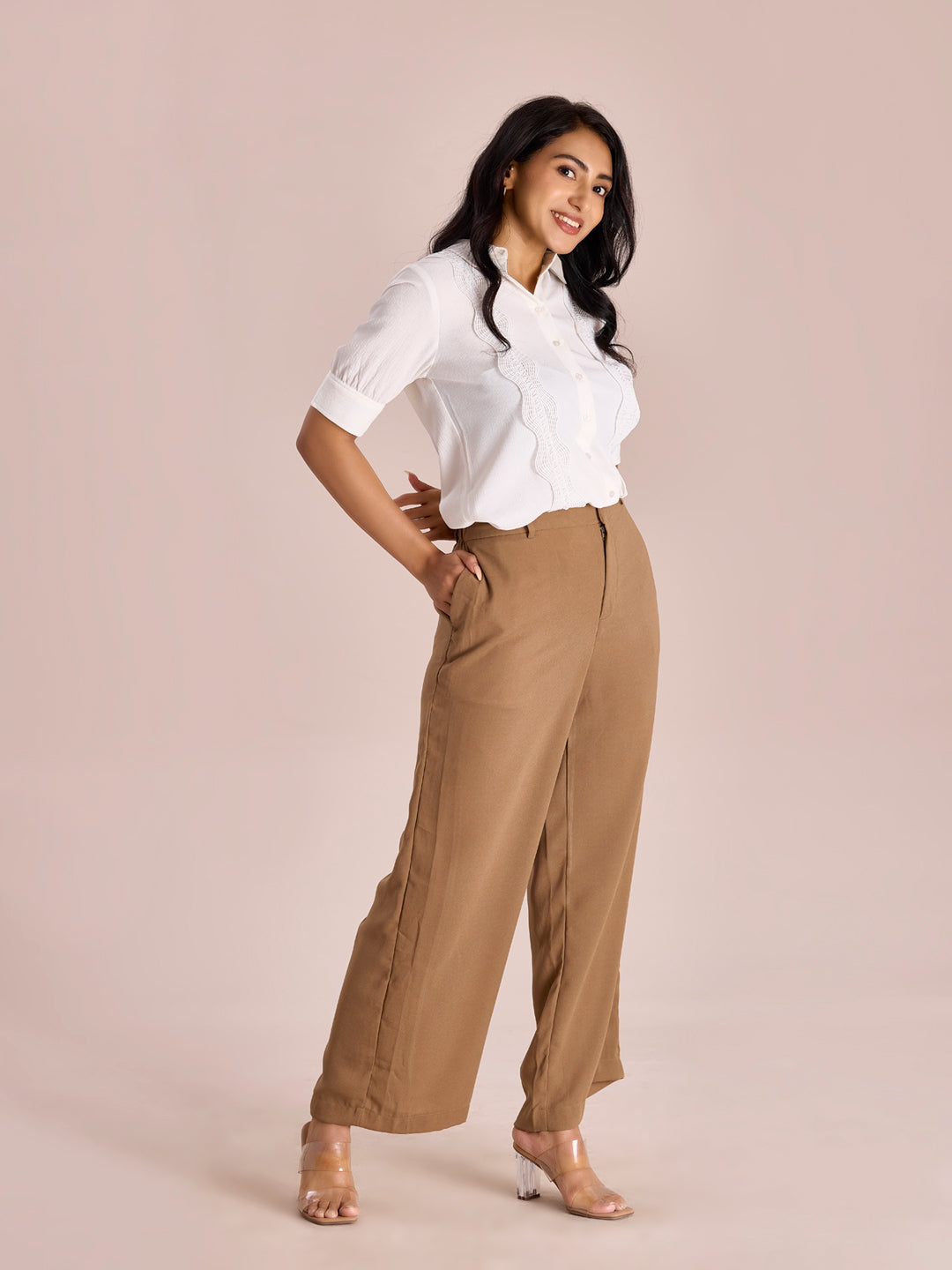 Women Solid Beige High Rise Crepe Wide Pant