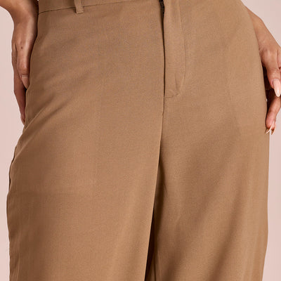 Women Solid Beige High Rise Crepe Wide Pant