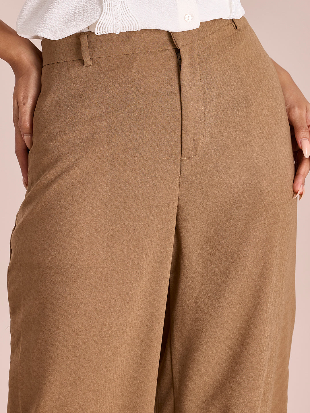 Women Solid Beige High Rise Crepe Wide Pant