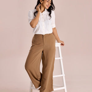 Women Solid Beige High Rise Crepe Wide Pant