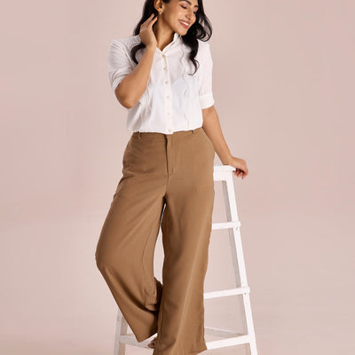 Women Solid Beige High Rise Crepe Wide Pant