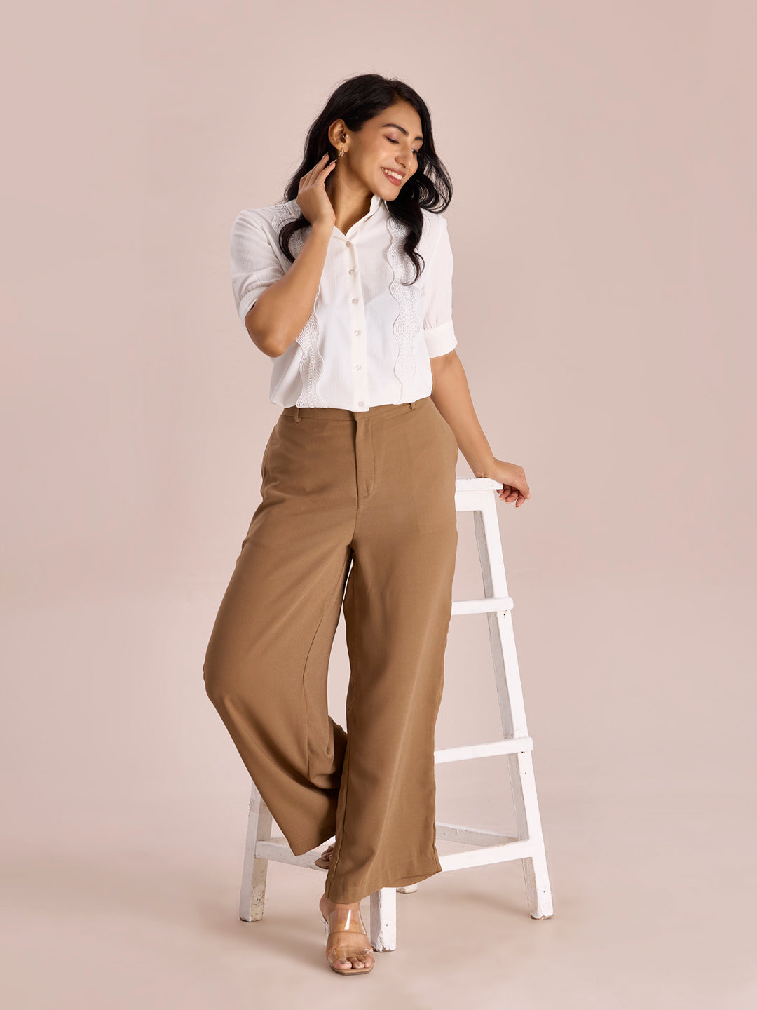Women Solid Beige High Rise Crepe Wide Pant