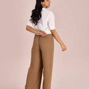Women Solid Beige High Rise Crepe Wide Pant