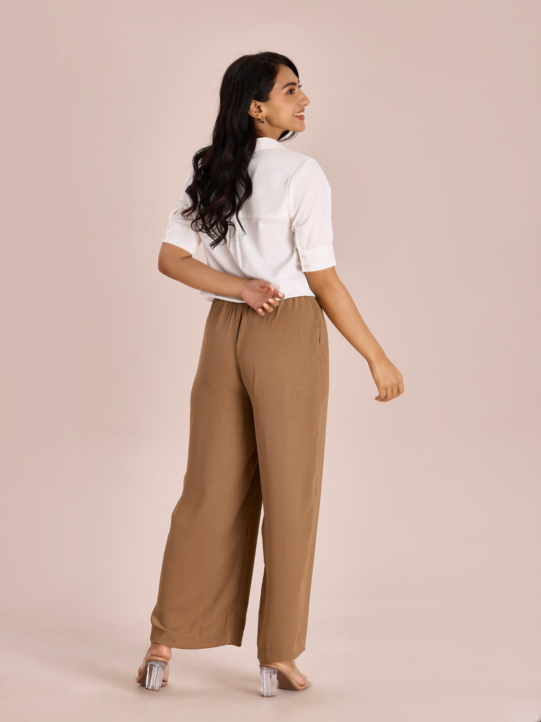 Women Solid Beige High Rise Crepe Wide Pant