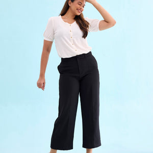 Women Solid Black High Rise Crepe Wide Pant
