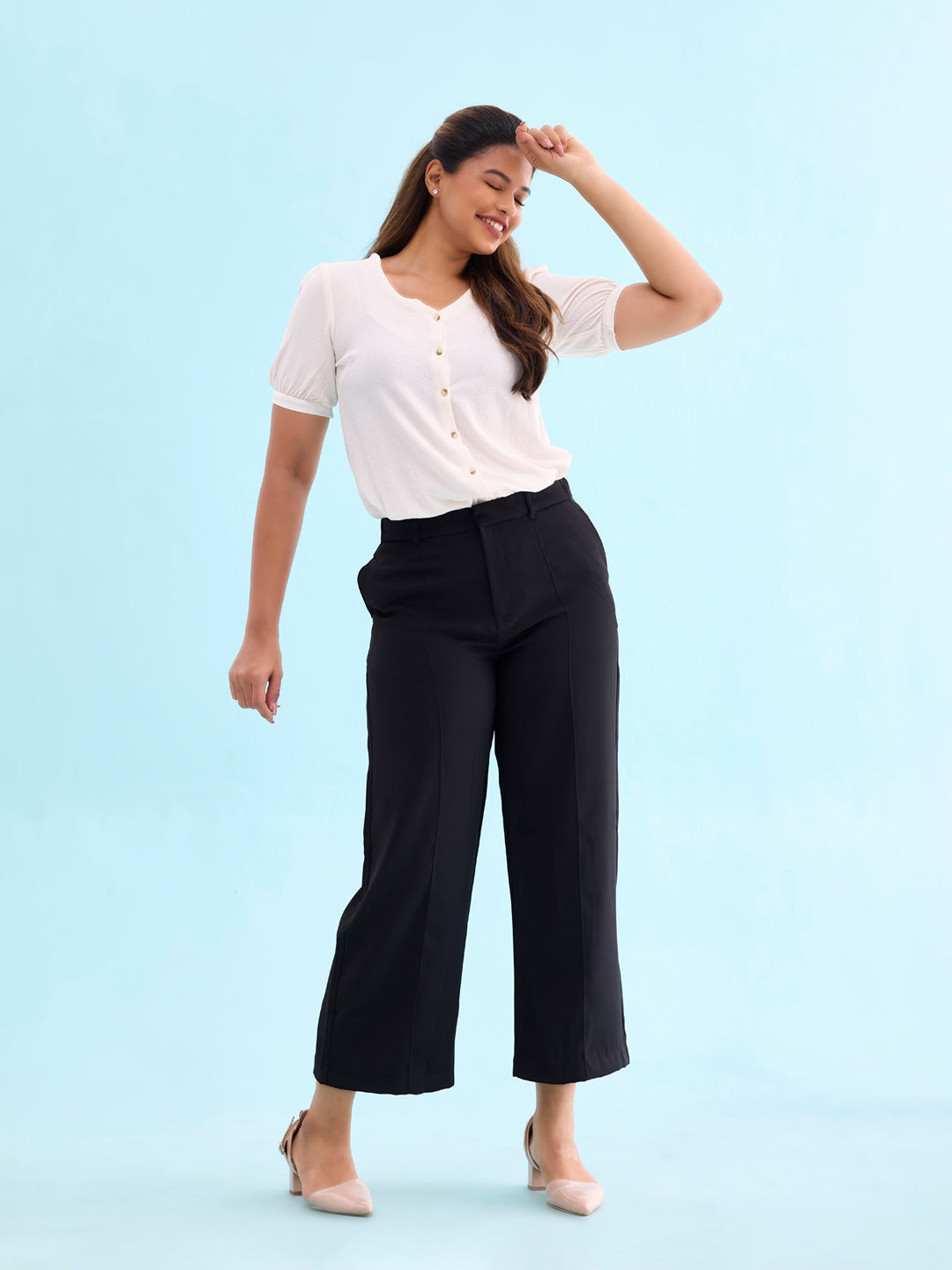 Women Solid Black High Rise Crepe Wide Pant