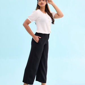 Women Solid Black High Rise Crepe Wide Pant