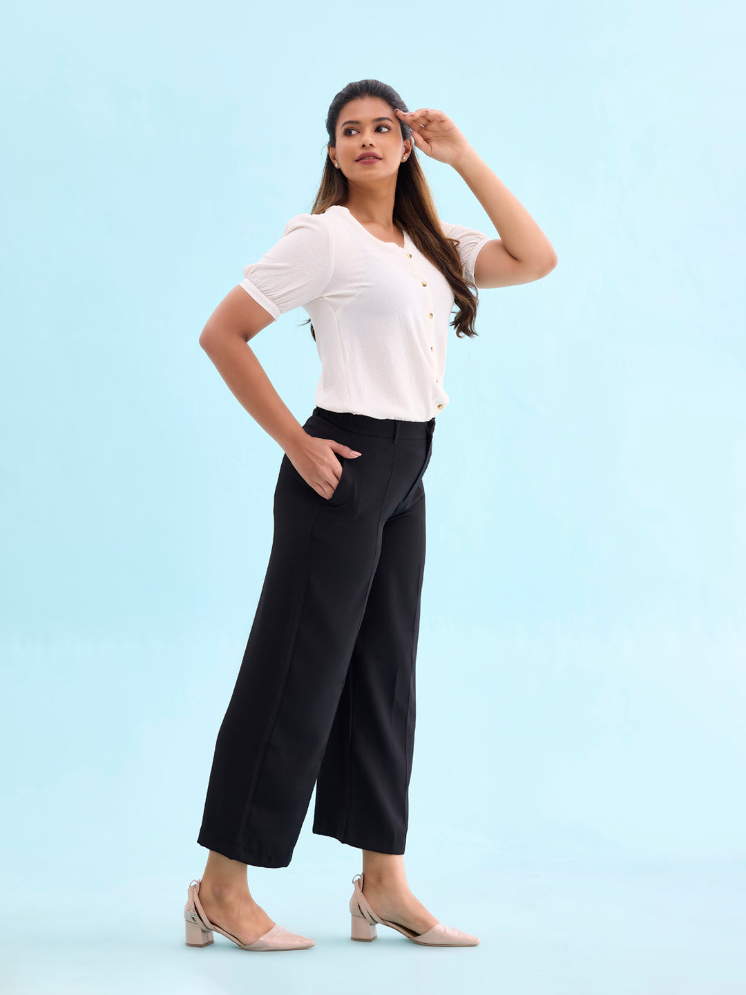 Women Solid Black High Rise Crepe Wide Pant