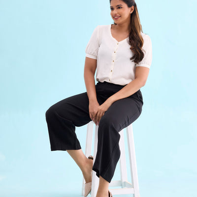 Women Solid Black High Rise Crepe Wide Pant