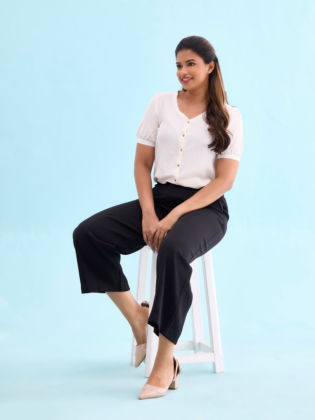 Women Solid Black High Rise Crepe Wide Pant