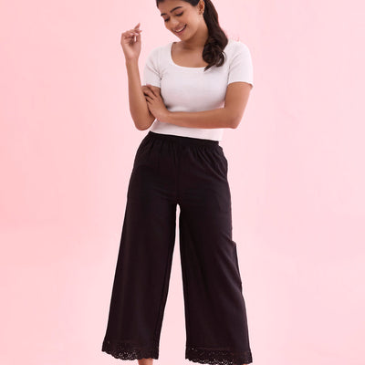Women Solid Black Mid Rise Linen Wide Pant