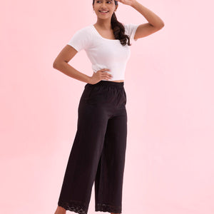 Women Solid Black Mid Rise Linen Wide Pant