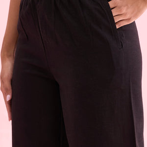 Women Solid Black Mid Rise Linen Wide Pant
