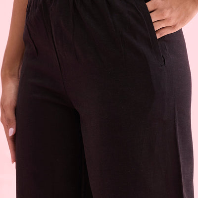 Women Solid Black Mid Rise Linen Wide Pant