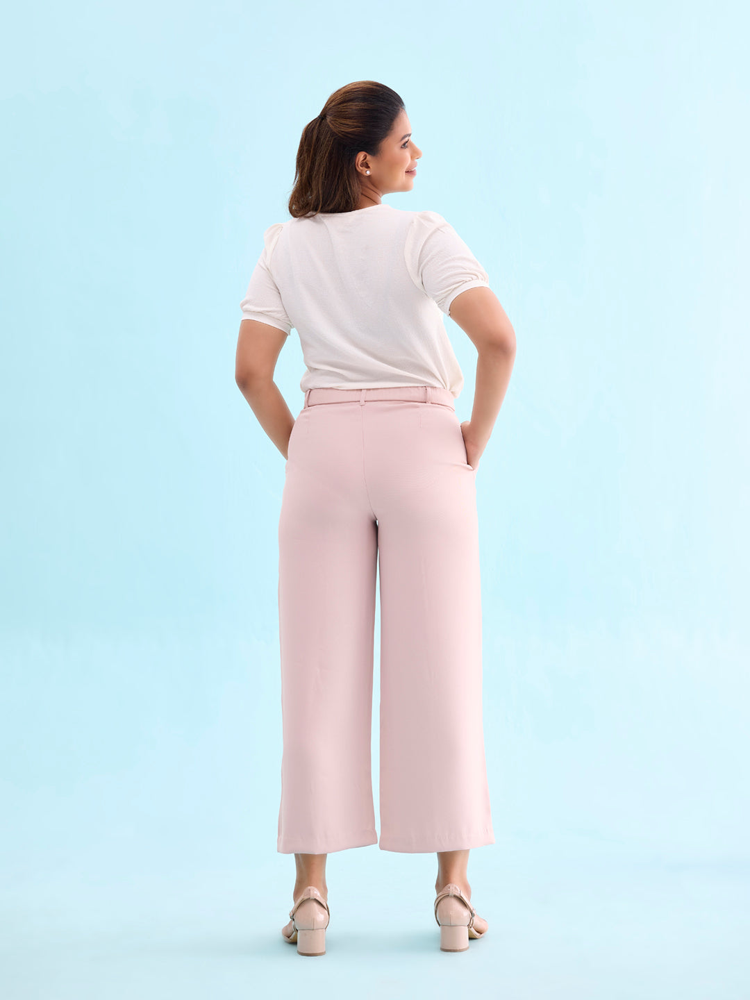 Women Solid Baby Pink High Rise Crepe Wide Pant
