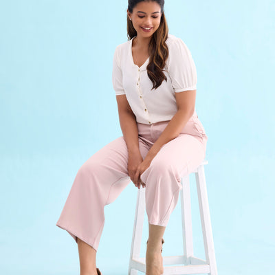 Women Solid Baby Pink High Rise Crepe Wide Pant