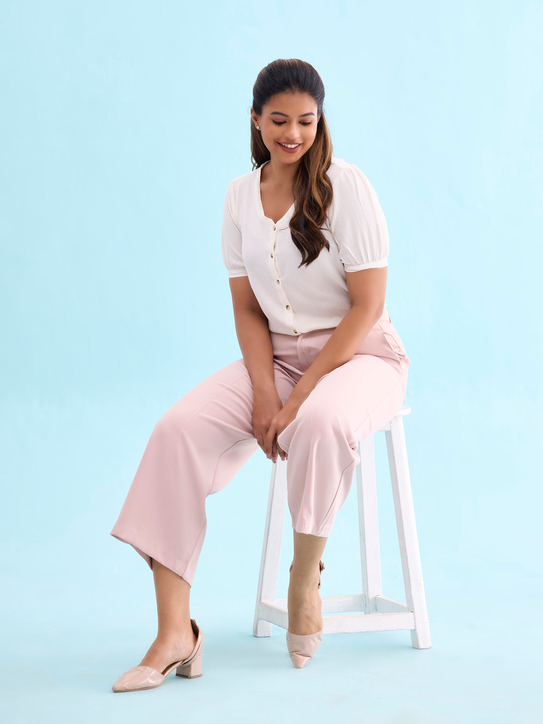 Women Solid Baby Pink High Rise Crepe Wide Pant