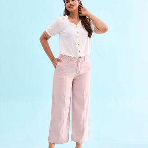 Women Solid Baby Pink High Rise Crepe Wide Pant