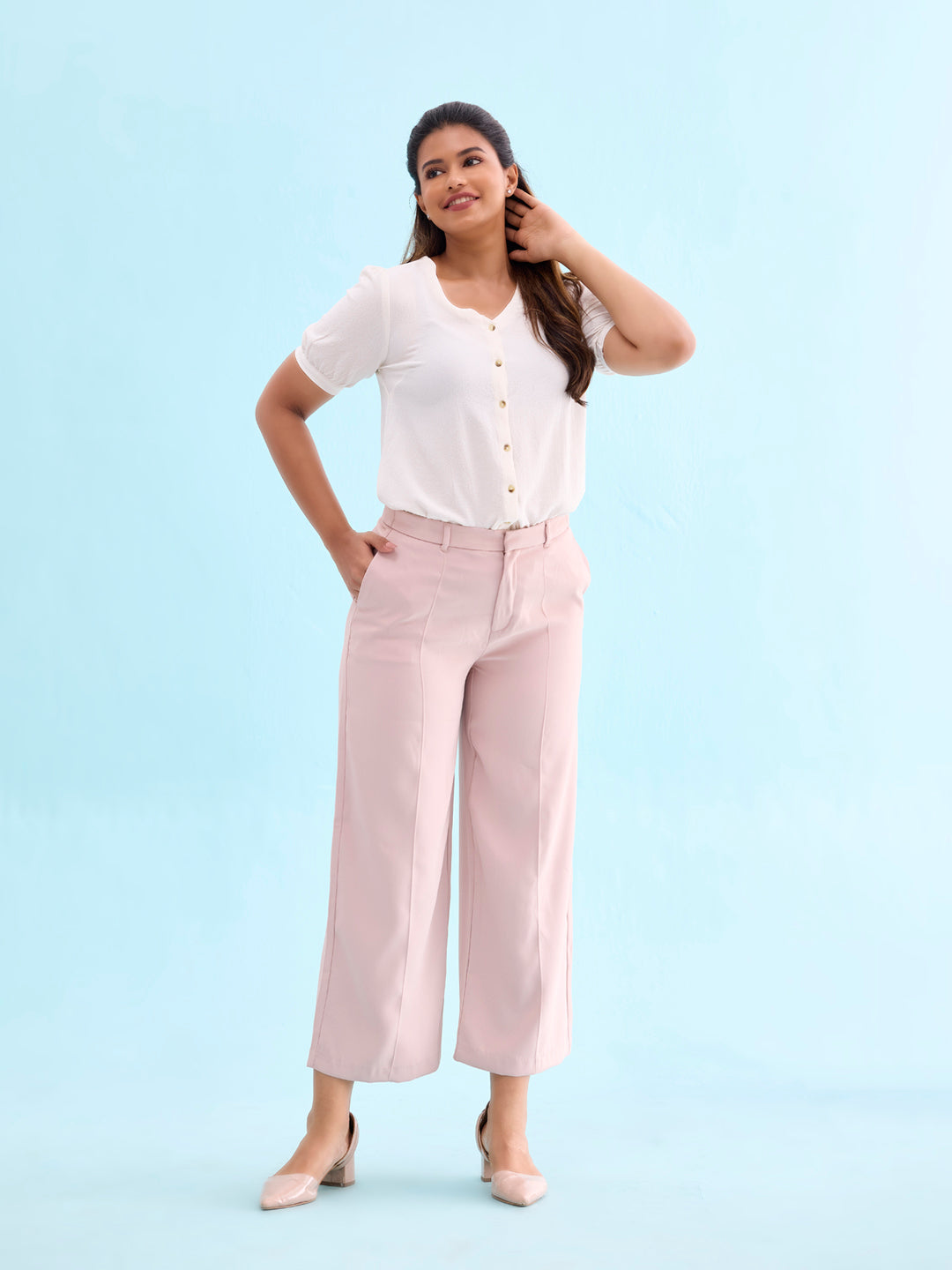 Women Solid Baby Pink High Rise Crepe Wide Pant