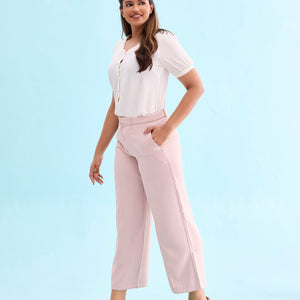 Women Solid Baby Pink High Rise Crepe Wide Pant