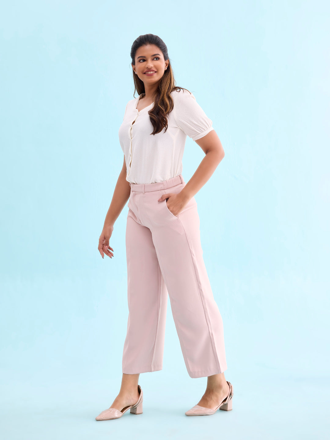 Women Solid Baby Pink High Rise Crepe Wide Pant