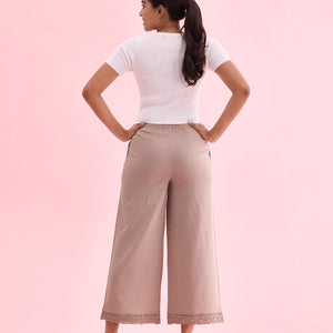 Women Solid Khaki Mid Rise Linen Wide Pant