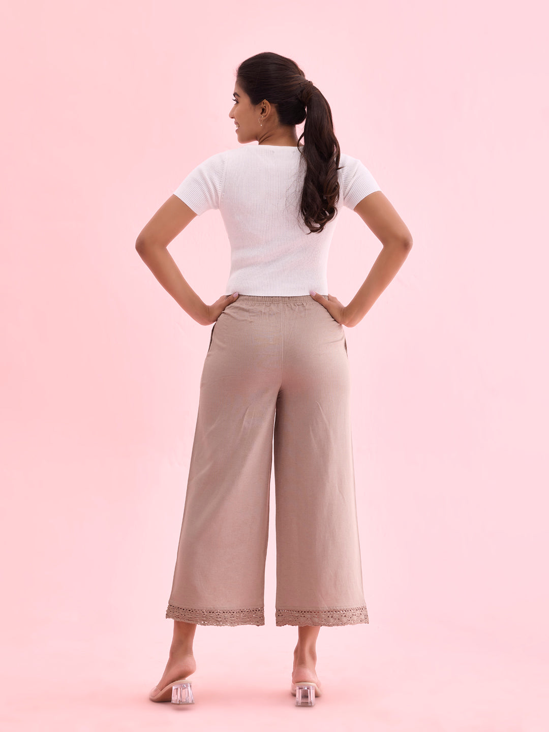 Women Solid Khaki Mid Rise Linen Wide Pant