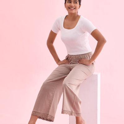 Women Solid Khaki Mid Rise Linen Wide Pant