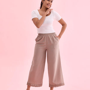 Women Solid Khaki Mid Rise Linen Wide Pant