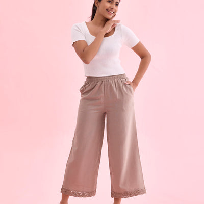 Women Solid Khaki Mid Rise Linen Wide Pant