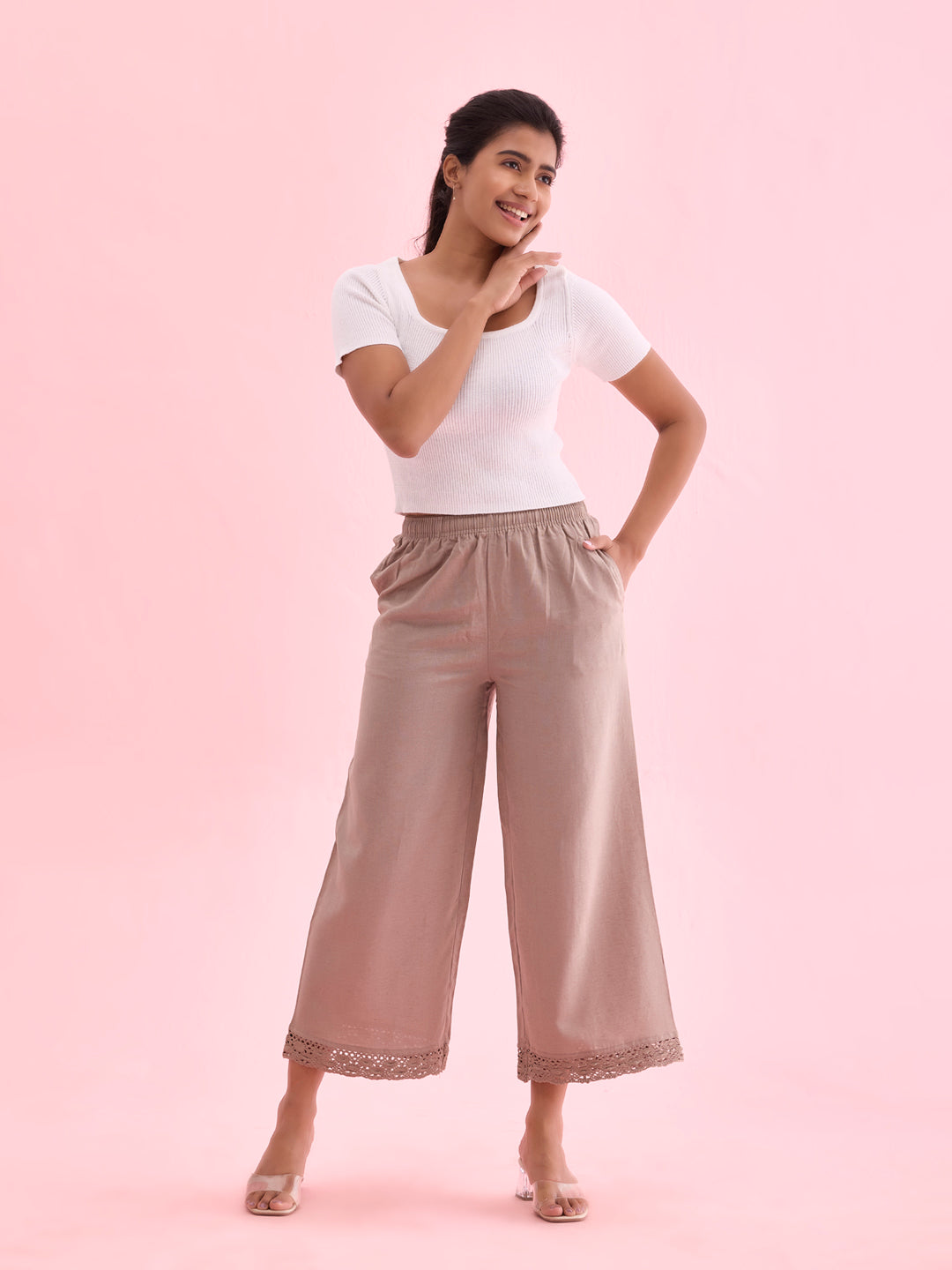 Women Solid Khaki Mid Rise Linen Wide Pant