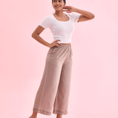 Women Solid Khaki Mid Rise Linen Wide Pant