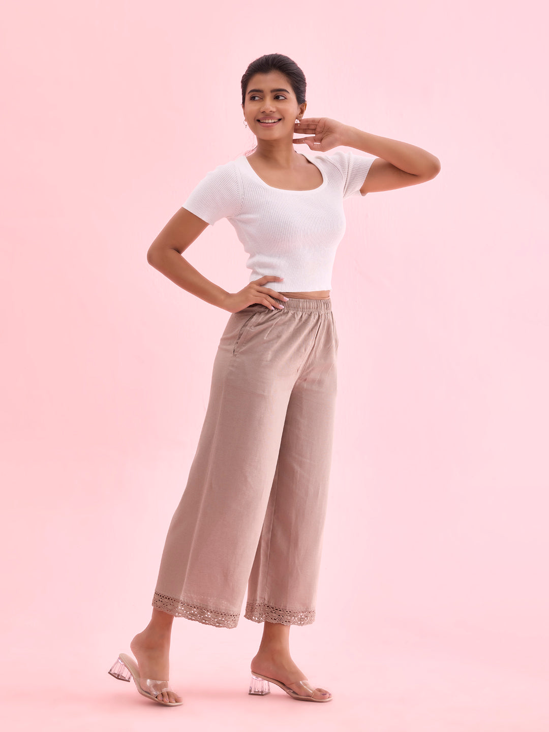 Women Solid Khaki Mid Rise Linen Wide Pant