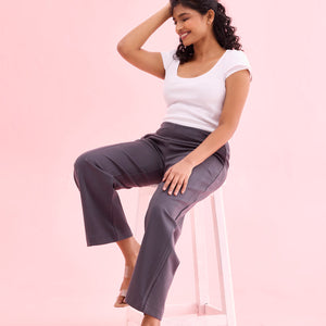 Women Solid Medium Grey Ponte Wide Leg Pants